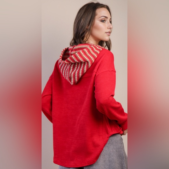 Red Button-Up Sweater with Patterned Collar Hoodie  Plus Size NWT - Picture 4 of 5